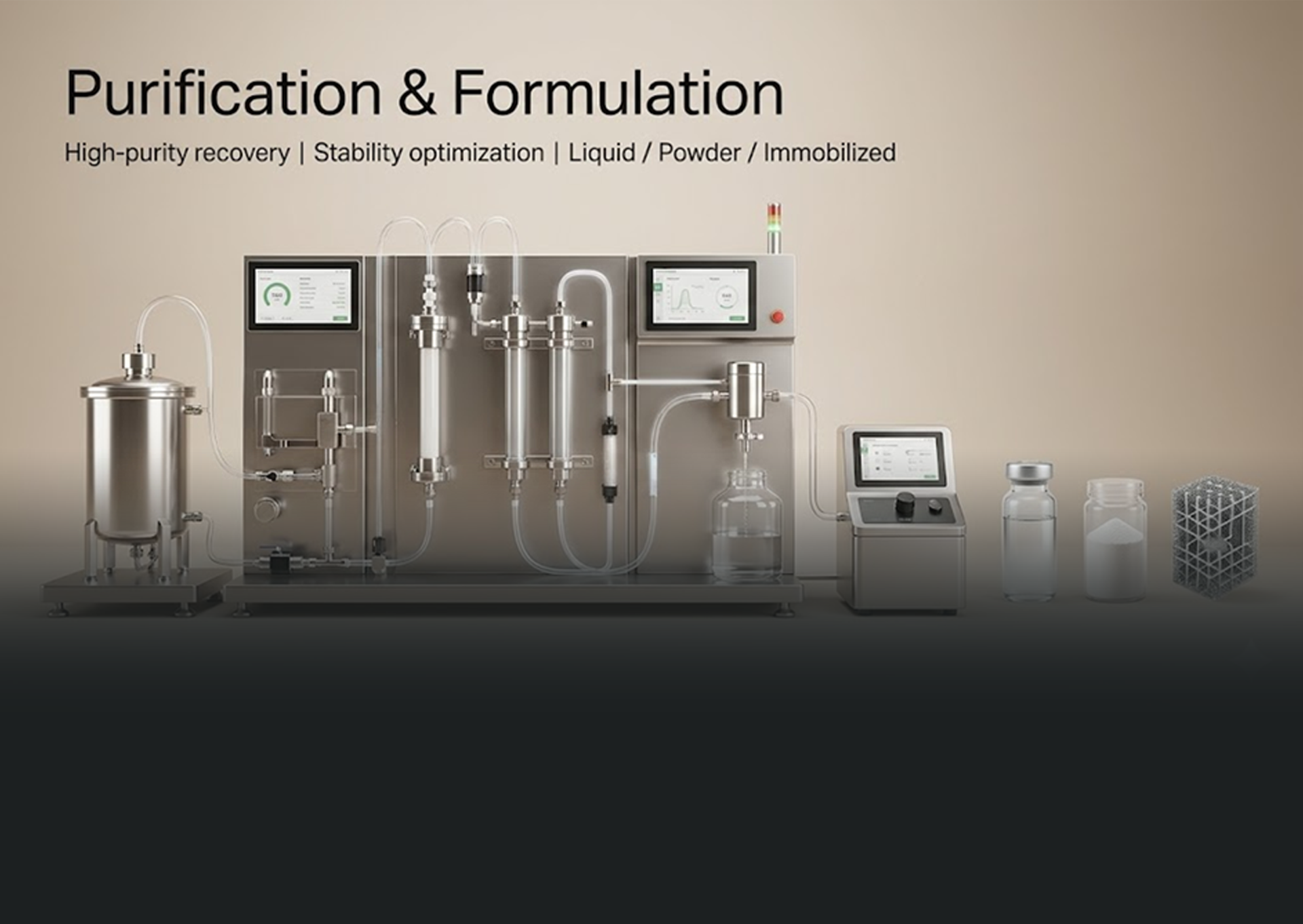 Purification — purity, stability, end-use formats; recovery, stabilization, liquid powder immobilized