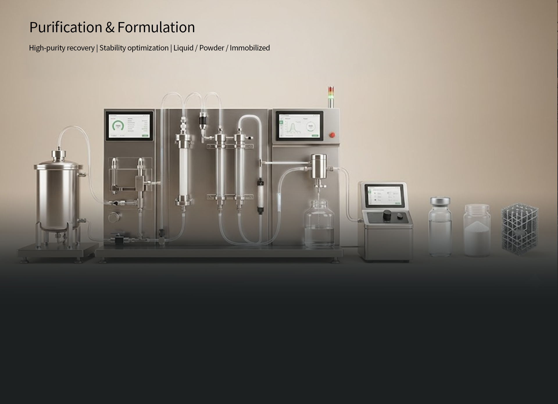 Purification — purity, stability, end-use formats; recovery, stabilization, liquid powder immobilized